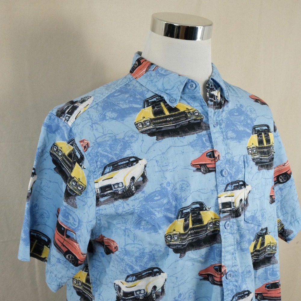 North River Large Hawaiian Lounge Shirt Blue SS Camero Muscle Car Pattern Mens